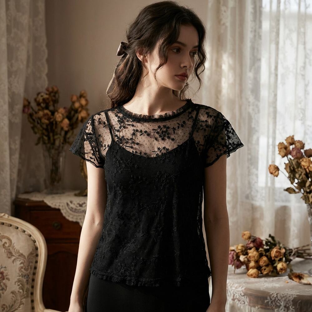 Black Embroidered Lace Mesh Top Small Coquette Soft Goth Romantic Sheer Floral